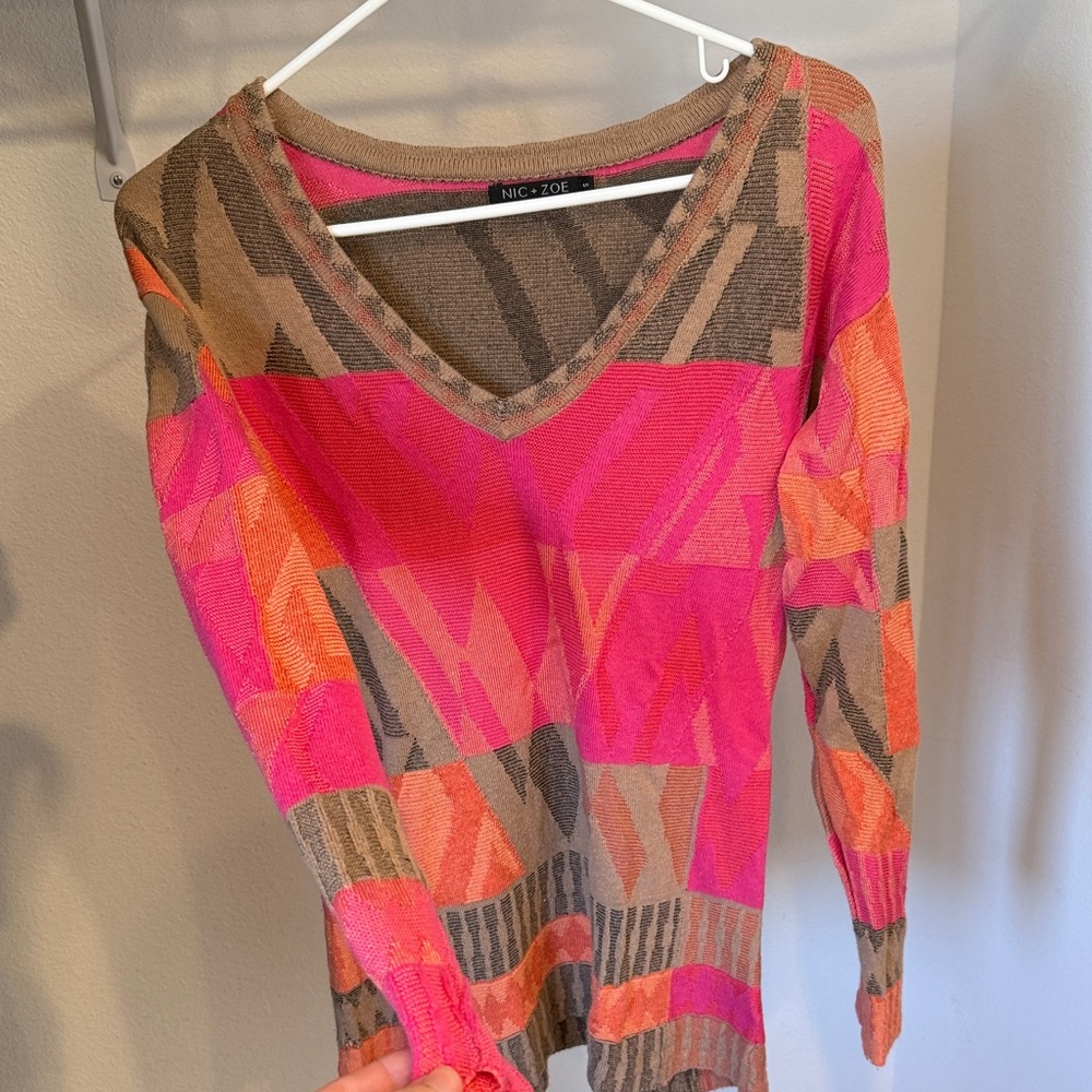 NIC+ZOE Pink, Orange & Brown Geometric V-Neck Sweater